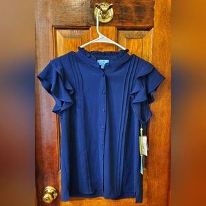 NWT Navy Blue Ruffle Sleeve Work Top